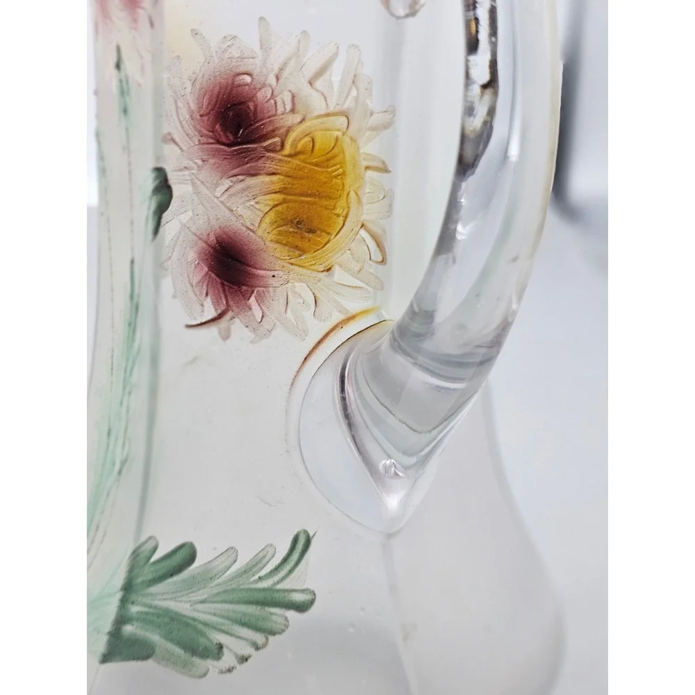 Antique Frosted Glass Pitcher Hand Painted Floral Gold Rim Victorian Art Glass